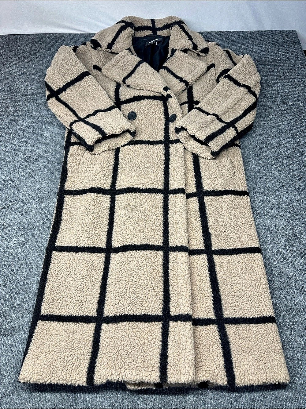 DKNY Checkered Faux Fur Coat in Cream & Black Size XS